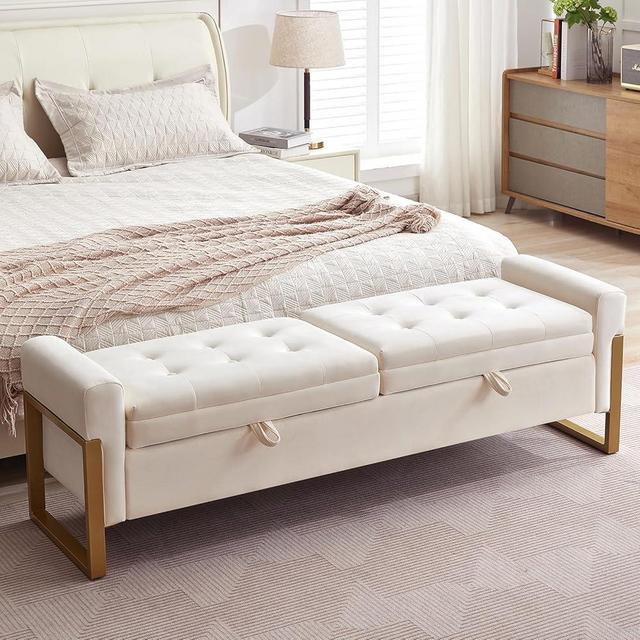 AEMEIOS 67" End of Bed Bench King Size, Velvet Storage Bench for Bedroom Foot of Bed, Double Lids Storage Bench with Golden Legs, Upholstered Ottoman Bench for Living Room Window Entryway, Cream