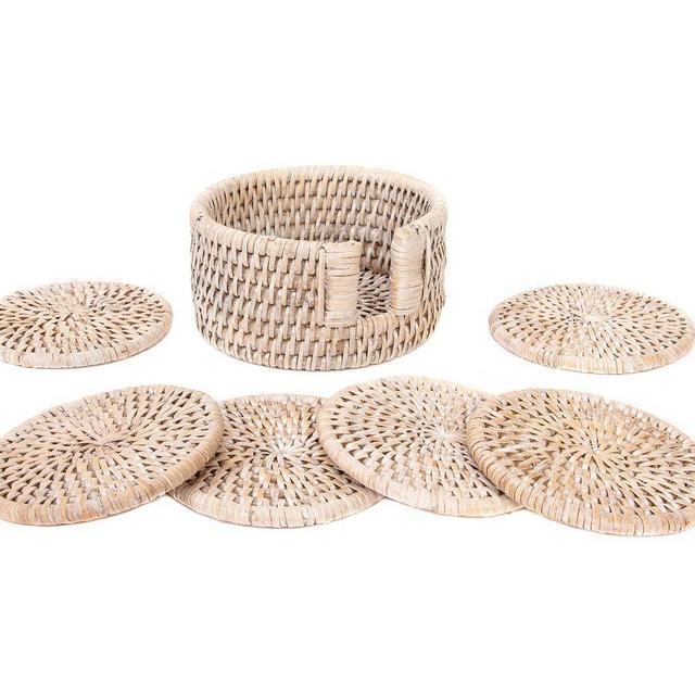 Tava Rattan Round Coasters with Holder - Light Natural