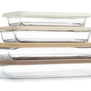 8 PC. Glass Baking Dish Set with Lids - Deep Casserole Dish, Glass Food Container, Oven, Freezer and Microwave Safe, Clear Container, Brown