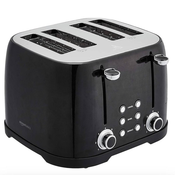 Amazon Basics 4 Slice Toaster, With 6 Browning Settings, Extra Wide Slots For Bagels and Special Breads, Removable Easy-to-Clean Crumb Tray, Cancel/Defrost/Bagel Buttons, 1600W, Black