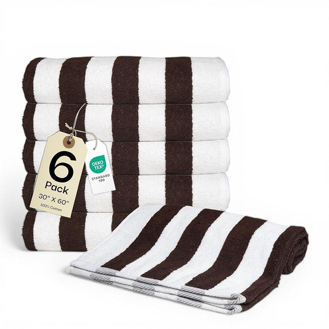 Salt Earth Cotton Striped Beach Cabana Towel, 6 Pack - 30"x60" Quick Dry Towels, Pool Essentials, Travel, Gym & Bathroom Towels, Oversized Beach Vacation EssentialsCoffee Brown