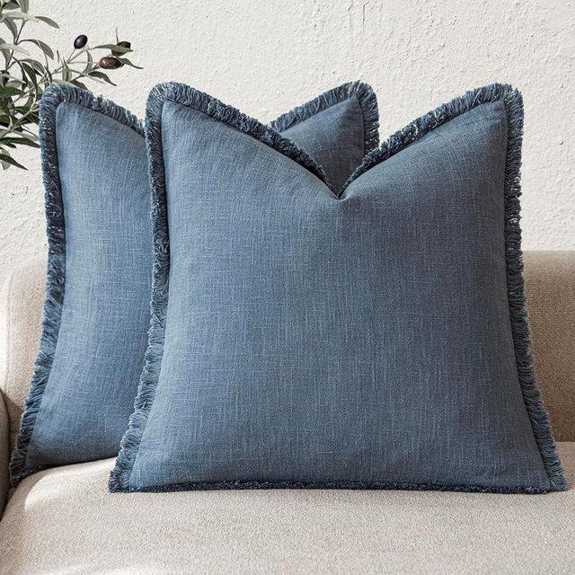 Foindtower Set of 2 Decorative Linen Fringe Throw Pillow Covers Cozy Farmhouse Cushion Cover with Tassels Accent Pillowcase for Couch Chair Sofa Bed Living Room Home Decor,22×22 Inch,Dark Blue