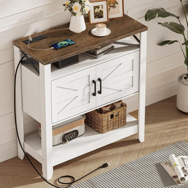 CHOEZON Console Table, Farmhouse Sofa Table with Power Outlet, Coffee Bar Cabinet with Storage, Entryway Table, Coffee Bar Table, for Entrance, Hallway, Kitchen, White and Walnut MXG01UWL