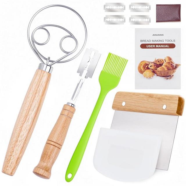 Danish Dough Whisk with Sourdough Scoring Tool, Bread Making Tools and Baking Supplies - Dough Hook Dutch Whisk, Bread Lame, Bench Scraper & Pastry Brush