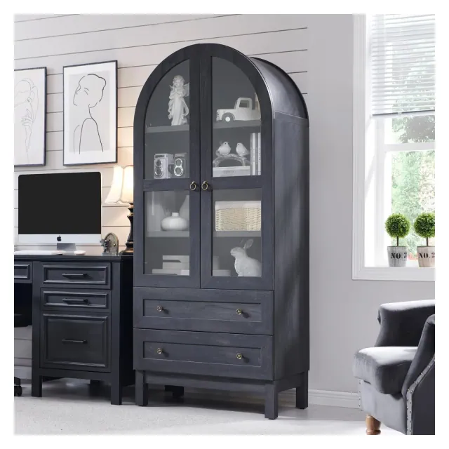 71″ Tall Arched Pantry Cabinet with 2 Drawers & Adjustable Shelves & Glass Doors, Modern Farmhouse Kitchen Storage Cabinet, Gray