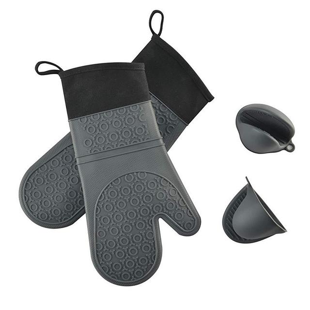 Silicone Oven Mitts, Heat Resistant to 446℉, 1 Pair of Long Non-Slip Waterproof Pot Holder & Grilling Gloves with 1 Pair of Mini Cooking Pinch Grips, Perfect for Cooking and Kitchen, BPA Free Grey