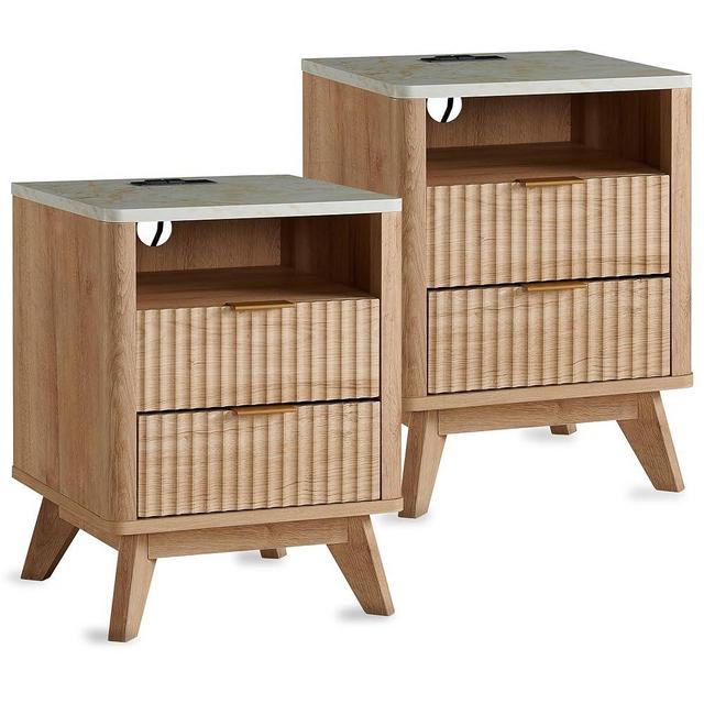 T4TREAM Fluted Nightstand Set of 2 with Charging Station, 18" Modern Side Table with Faux Marble Top, 2 Drawer End Table w/Storage, Bedside Table for Bedroom, Living Room, Curved Profile, Natural Oak