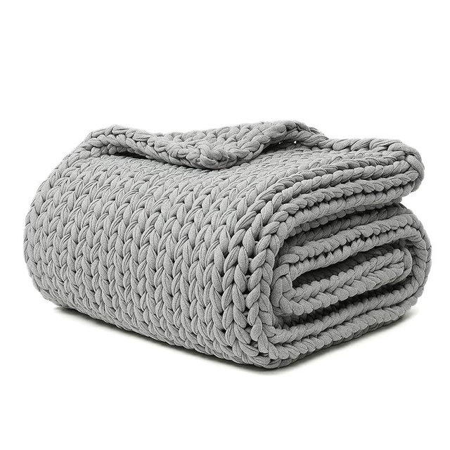 YnM 100% Cotton Weighted Blanket, Handmade Chunky Knitted Throw, No fillers Design, Soft and Breathable, Machine Washable Bed Blanket for Sleep or Home Decor (Lighte Grey, 40x50 Inch, 10lbs)