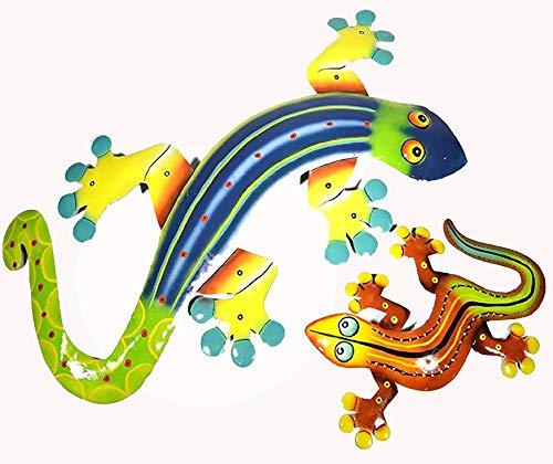 WorldBazzar Set 2 21" and 12" Beautiful Unique Green Blue Yellow Red Gecko Lizard Metal Garden Lanai Art Tropical Island Wall Art Scratch and DENT Sale