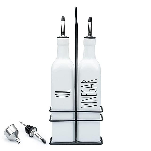 Heartland Home Ceramic Olive Oil and Vinegar Dispenser Set. 2 Bottles, Caddy, 3 Oil Pourer Spouts and Funnel! 21oz Glass Bottle Container. Salad Dressing or Cooking Oil Cruet for Kitchen (White)
