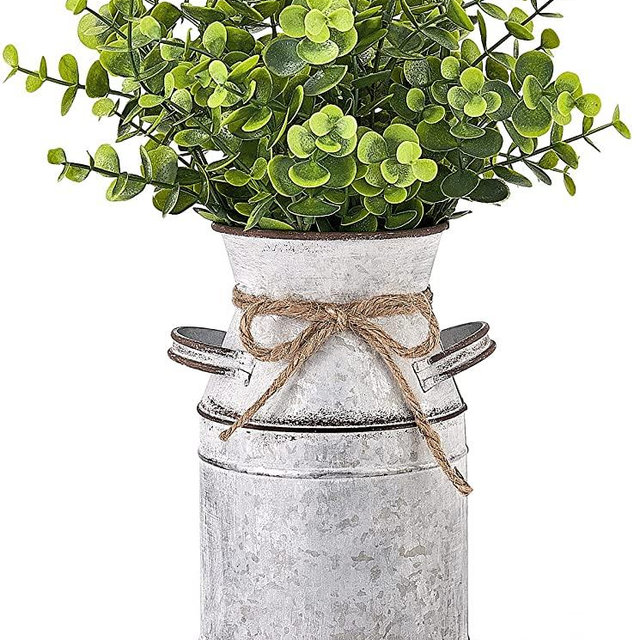 Dahey Metal Flower Vase with Artificial Eucalyptus Rustic Shabby Chic Milk Can Farmhouse Galvanized Metal Jug Planter Fake Plants in Decorative Tin Vase for Centerpieces Bedroom Kitchen Decor