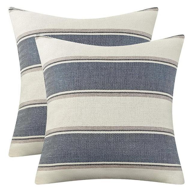 AmHoo Pack of 2 Farmhouse Linen Throw Pillow Cover Cushion Stripe Decoration Buffalo Retro Pillowcase with Hidden Zipper for Sofa Bedroom Car 16 x 16 Inch Blue