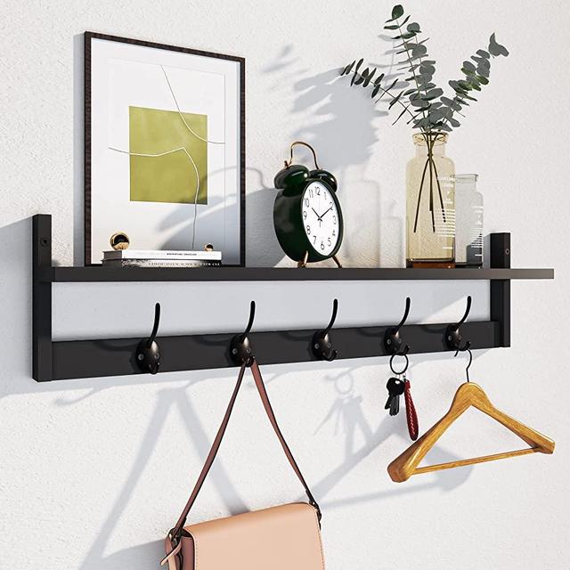 AMBIRD Wall Hooks with Shelf Entryway Wall Hanging Shelf Wood Coat Hooks for Wall with Shelf Wall-Mounted Coat Hook Rack with 5 Dual Hooks for Bathroom, Living Room, Bedroom (Stylish)