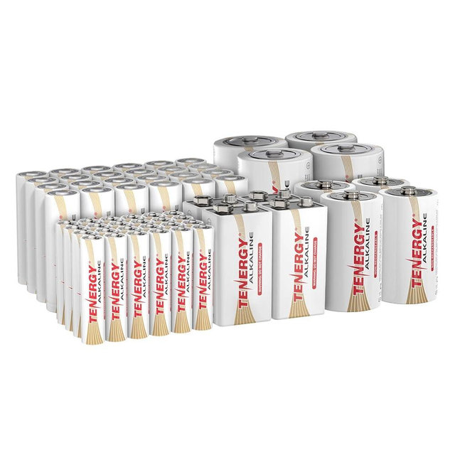 Tenergy 60 Pack Alkaline Batteries, 24 Pack AA Batteries, 24 Pack AAA Batteries, 4 Pack C Size, 4 Pack D Size, and 4 Pack 9V Size Batteries for Household Electronics