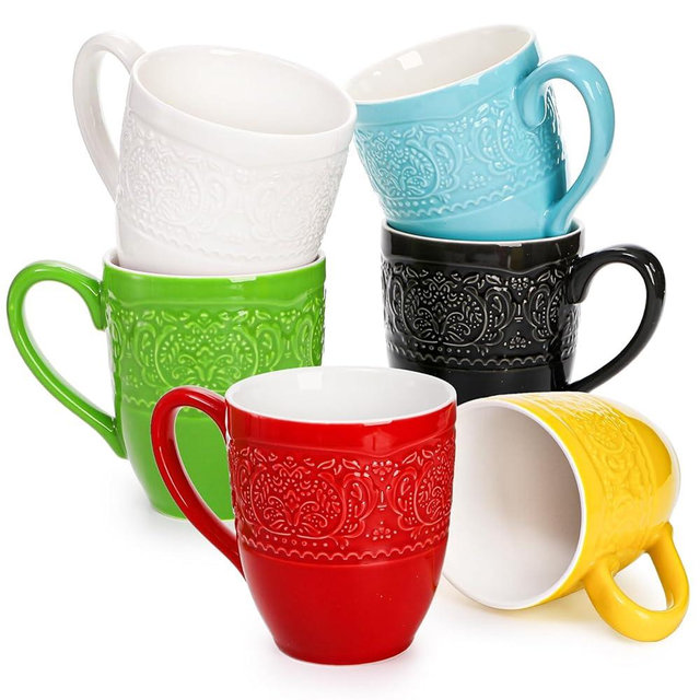 SOUJOY Set of 6 Porcelain Coffee Mug, 15 Oz Large Hot Milk Latte Coffee Cup with Embossed Relief, Glazed Tea Cup, Great Gifts for Wedding, Birthday, Christmas, Anniversary, Assorted Colors
