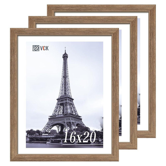 VCK 16x20 Picture Frames for Wall 3 Pack, Brown Walnut Wood Poster Frame, Exclusive Wood Grain, Wall Mounting Hanging