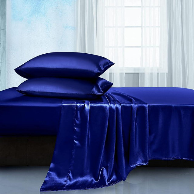 Manyshofu Satin Queen Sheets Set 4 Piece - Soft Silky Satin Sheets Set, Royal Blue Satin Bed Sheets Cooling & Luxury Bedding Sheet Set(1 Satin Fitted Sheet, 1 Satin Flat Sheet, 2 Satin Pillow Cases)