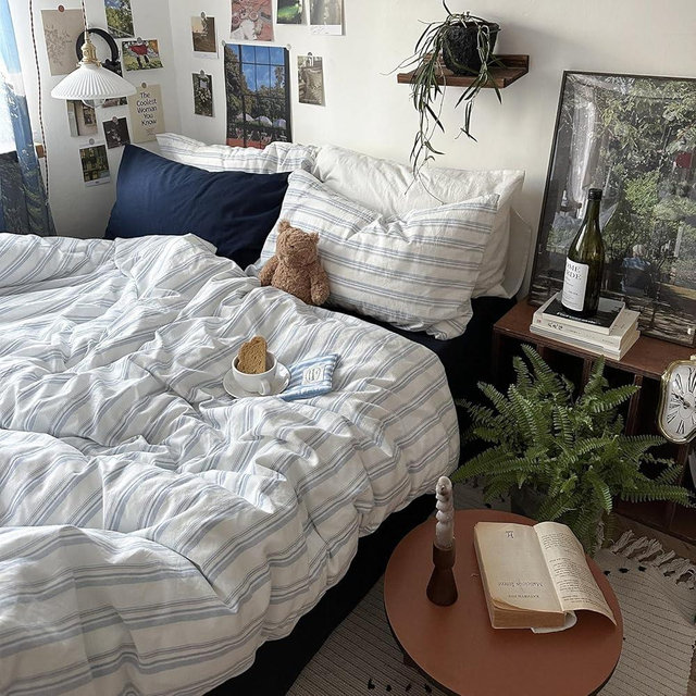 mixinni Vintage Blue & White Striped Duvet Cover Set - 3 Piece 100% Washed Cotton Queen Size Bedding | Minimalist Relaxed Style | Ultra Soft Breathable, with Zipper Closure & Corner Ties-Queen Size