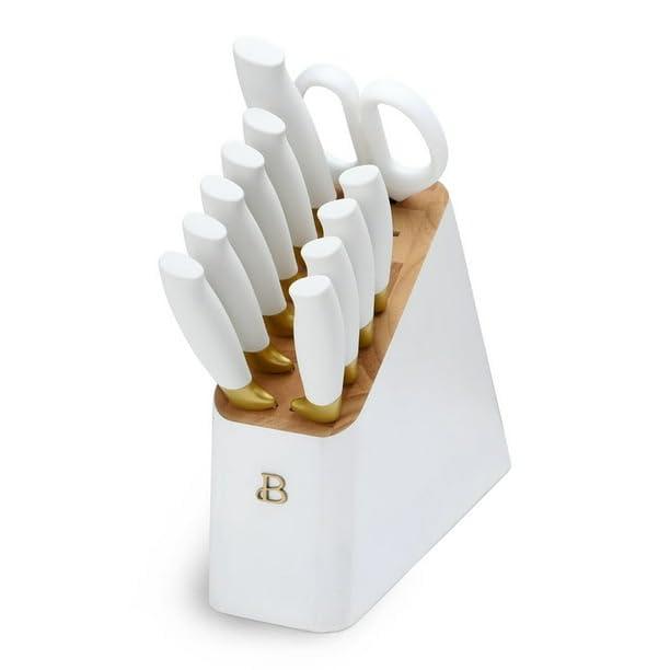 12 Piece Stainless Steel Knife Block Set, Soft-Grip Handles White Icing by Drew Barrymore, STICK RESISTANT