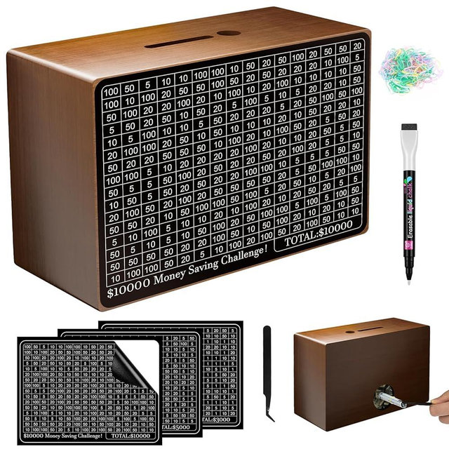 Wooden Money Saving Box, Cash Savings Box for $10000 $5000 $3000 Target Money Saving Challenge, Reusable Money Box with Counter, Cash Vault Bank with Dry Erase Pen/Savings Trackers/Rubber Band-Brown