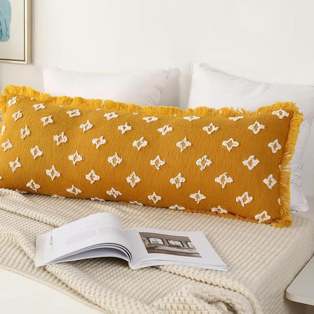 DRNOU Boho Body Pillow Cover with Tassel Fringe, 3D Flower Patterned Decorative Extra Long Lumbar Pillow Case for Sofa Couch Bed Livingroom Farmhouse, 21x54, Yellow