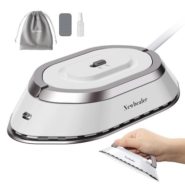 Newbealer Travel Iron with Dual Voltage - 120V/220V Lightweight Dry Iron for Clothes (No Steam), Non-Stick Ceramic Soleplate, 302℉ Heat Press Machine, w/Spray Bottle, Pouch & Silicone Stand, Silver
