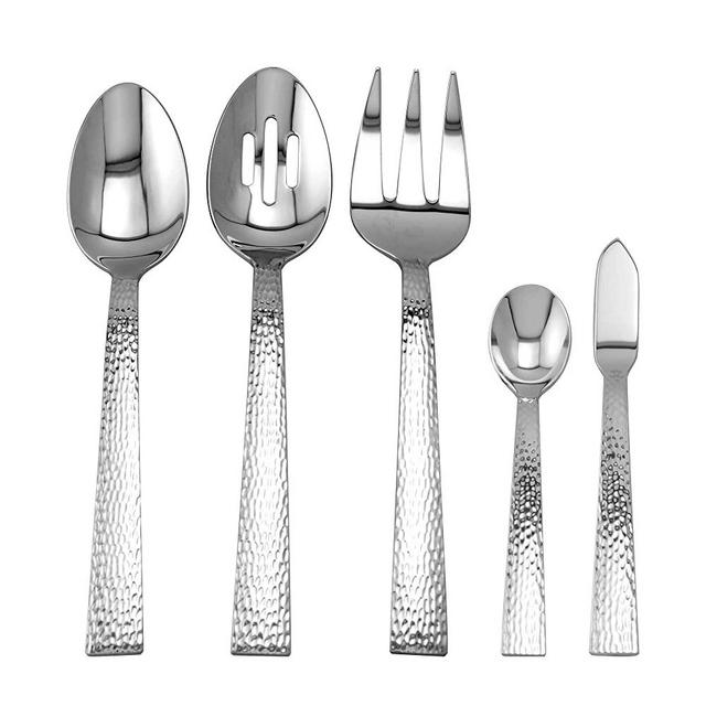 Supreme 5-Piece 18/8 Stainless Steel Hostess Serving Set with Hammer Style Handle, Include Solid Spoon/Slotted Spoon/Serving Fork/Butter Knife/Sugar Spoon, Mirror Polished, Dishwasher Safe