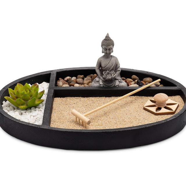 AsanaLiving Desktop Zen Sand Garden with Concrete Base, Meditating Buddha Statue, Bamboo Rake, Stamp and Faux Lotus Plant