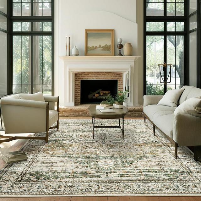Soalmost Washable Area Rug 8x10, Large Soft Rugs for Living Room Farmhouse Vintage Area Rugs for Bedroom Dining Room Non-Slip Stain Resistant Under Table Rug Olive Beige
