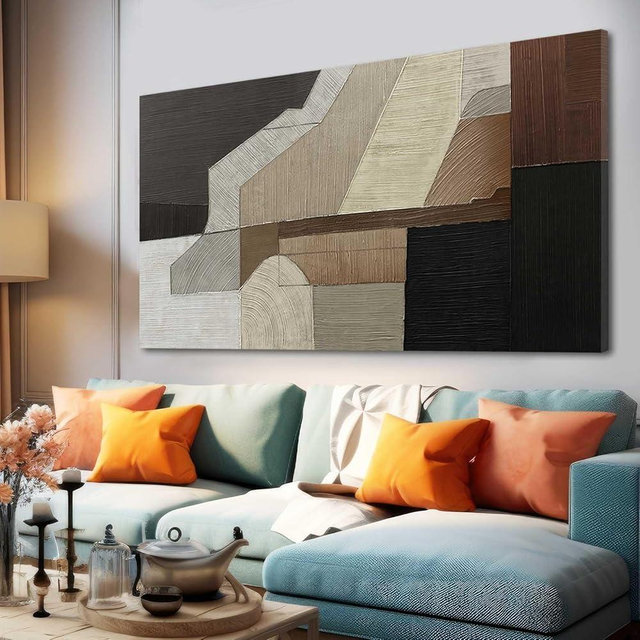 Canvas Poster Prints/Geometric Block Wall Art/Black and White Brown Wall Painting/24 x 48" Modern Pictures for Living Room Dining Room Bedroom Home Decor
