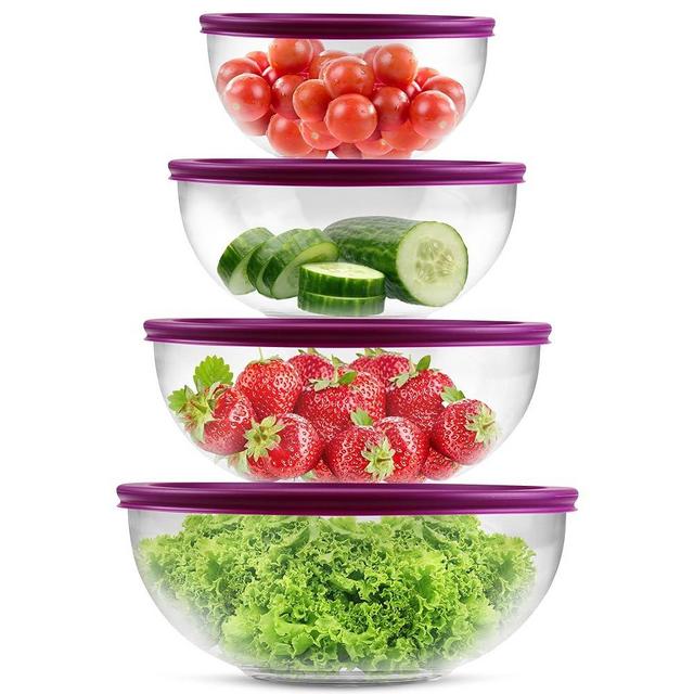 HOMEARRAY Kitchen Glass Mixing Bowls with Lids Set for Food Prep Storage and Mixing Fruits, Salads, Meats, Powders, and More - Durable Glass Nesting/Batter Bowls with Airtight BPA-Free Lids, 4 Pieces
