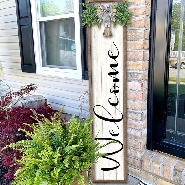 Welcome Sign for Front Porch Standing 45"X9" Large Outdoor Decor Rustic Vertical Leaner Wood Frame Porch Tall Welcome Signs for Farmhouse Outside Front Door Wall Decorations (Wood White)