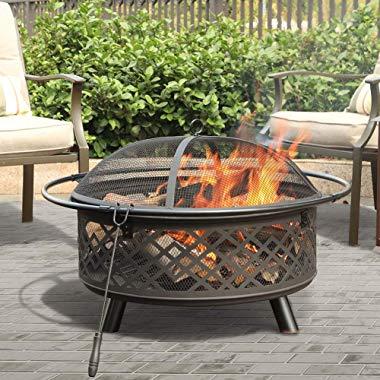 PHI VILLA 32" Fire Pit Large Steel Patio Fireplace Cutouts Pattern with Poker & Spark Screen