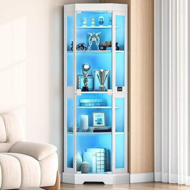 HOOBRO Corner Display Cabinet with Glass Doors，67.9" Glass Display Cabinet with LED Lights, 6-Tier Curio Cabinets for Collectibles, Books, Modern Display Case Corner Bookcase, White WT02DDC01