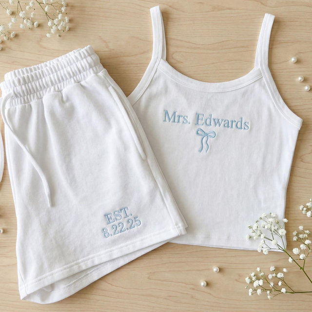 Custom Embroidered Spaghetti Strap Tank Top lounge set– Future Mrs Bridal Gift Bachelorette Party Catch Phrase Tops Personalized group tanks