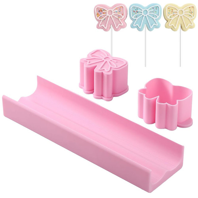 Roowest Bow Cake Pop Mold Cake Pop Cutter and Pusher with Tray 3D Pink Baking Mold for Home Baking, Birthday, Weddings Parties, Home Desserts DIY