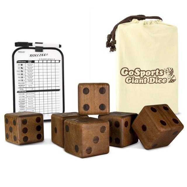 GoSports Giant 3.5" Dark Stain Wooden Playing Dice Set with Bonus Rollzee and Farkle Scoreboard (Includes 6 Dice, Dry-Erase Scoreboard and Canvas Carrying Bag)