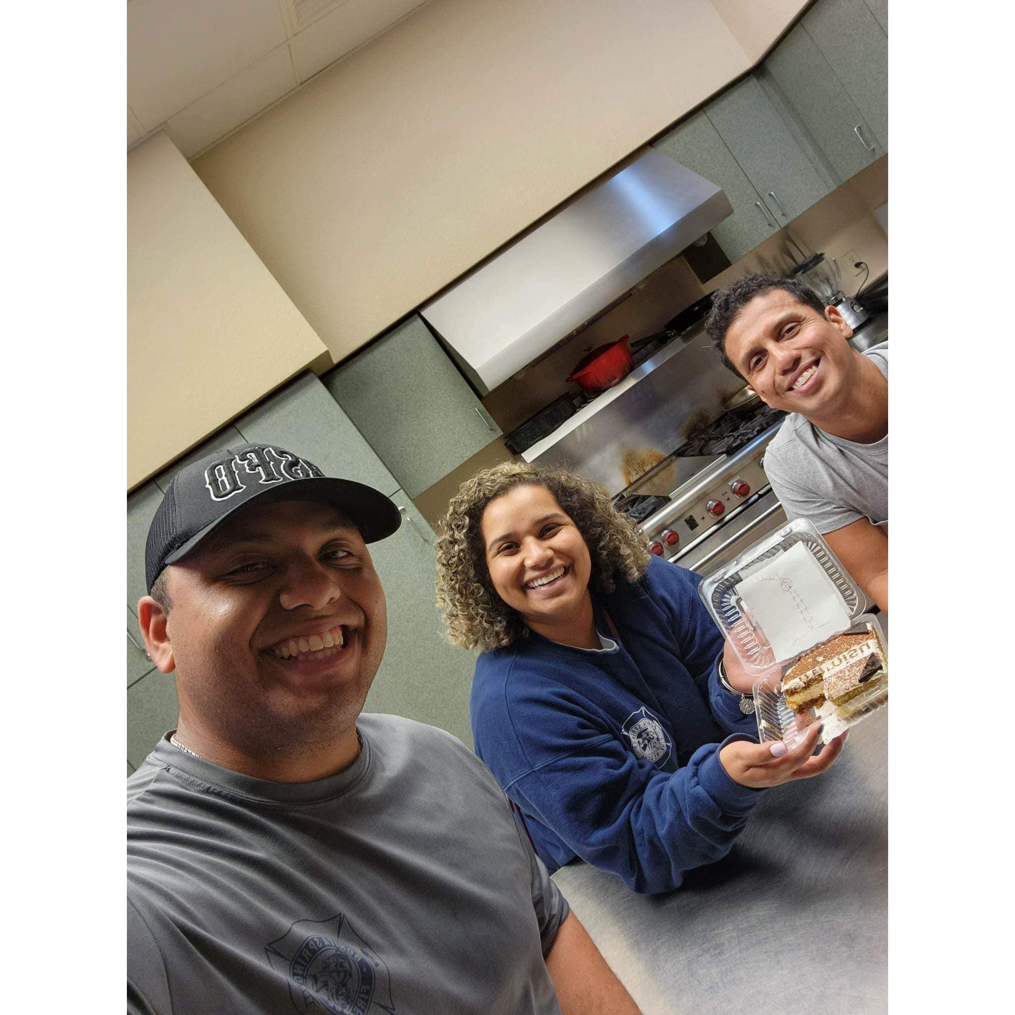 Ashley visiting Allen at work and celebrating her birthday with our friend and coworker, Gio