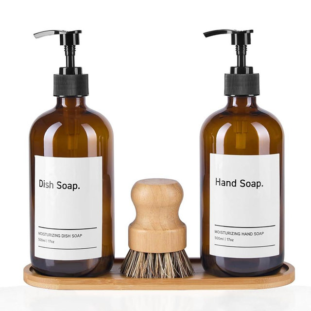 SIDIQI Design Glass Soap Dispenser Set of 2 with Plastic Pumps, Bamboo Tray, Brush & Labels - Ideal for Bathroom & Kitchen Countertop - 500ml/17 Oz