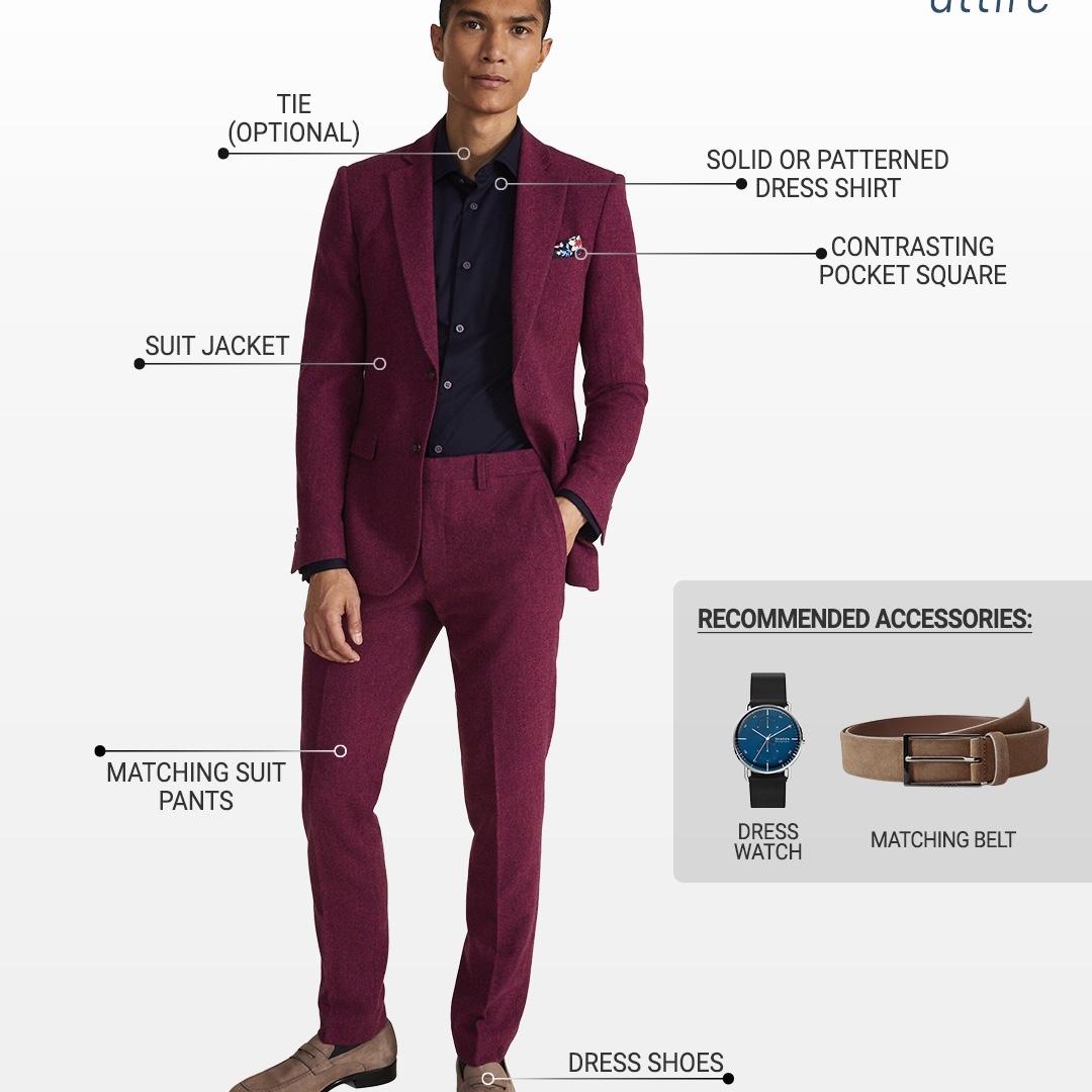 Welcome party example attire for men.