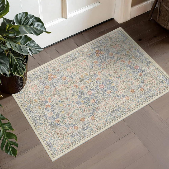 Washable Entry Rug - Front Door Rugs Indoor, Non-Slip Bathroom Small Rugs, Vintage Floral Style Rug for Kitchen, Perfect for Entryway Décor (2x3 Beige Blue)
