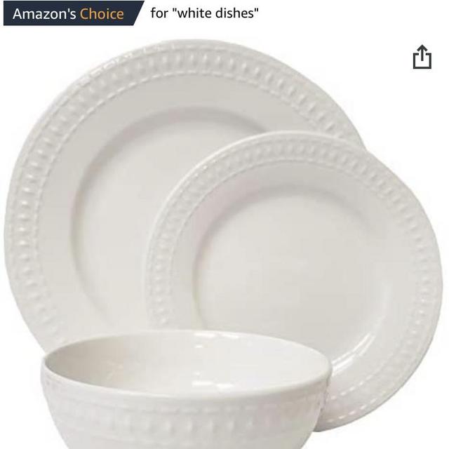 Amazon - Tabletops Gallery Embossed Bone White Porcelain Round Dinnerware Collection, 12 piece set in “Bloom”