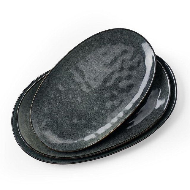 famiware Serving Platter, Oval 15.59/14.3/12.9 inch Serving Dishes for Entertaining, Serving Bowls, Dishwasher Safe, Fine Stonware Serving Trays for Party, Turkey, Cheese, Reactive Glaze, Deep Forest