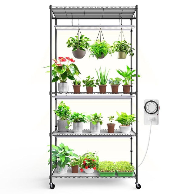 Barrina Plant Stand with Grow Light, 3FT T5 5000K 36W 3 Packs LED Full Spectrum Indoor DIY Plant Shelf with Grow Light Flower Pot Stand Display Rack, 4-Tier 35.4"x13.8"x70.9", Wheel, Mechanical Timer