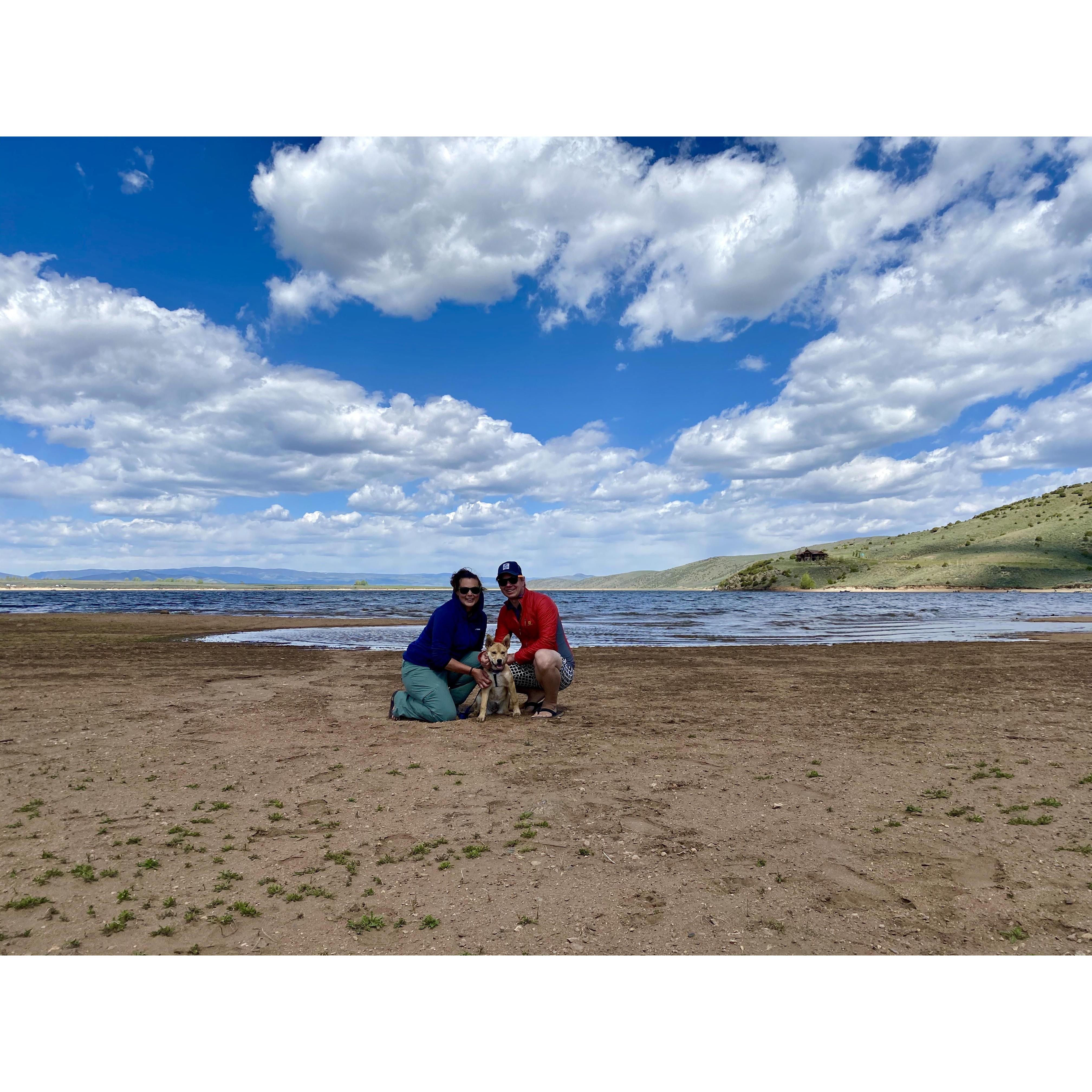 Actual first family photo on Foxie Roo's first camping trip over Memorial Day Weekend, 2020