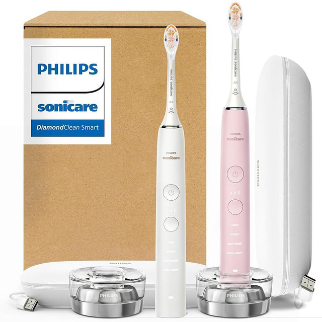 Philips Sonicare DiamondClean Connected Electric Toothbrush 2 Pack, x2 Sonic Toothbrushes, x2 Charging Travel Cases, x2 A3 Brush Heads, 12 Brushing Settings, (Pink and White), Model HX9912/72