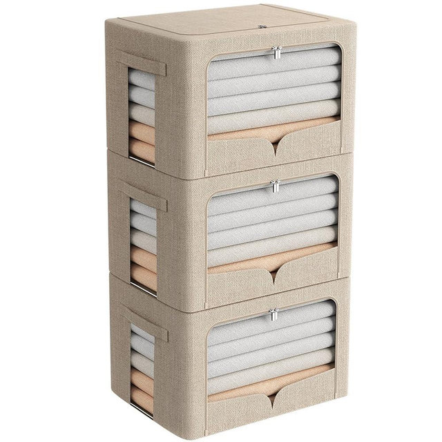 3 Pack Clothes Storage Bins - Foldable Metal Frame Storage Box - Stackable Linen Fabric Organizer Set with Carrying Handles and Clear Window (Beige, 15.7x11.8x11.8inch(36L))