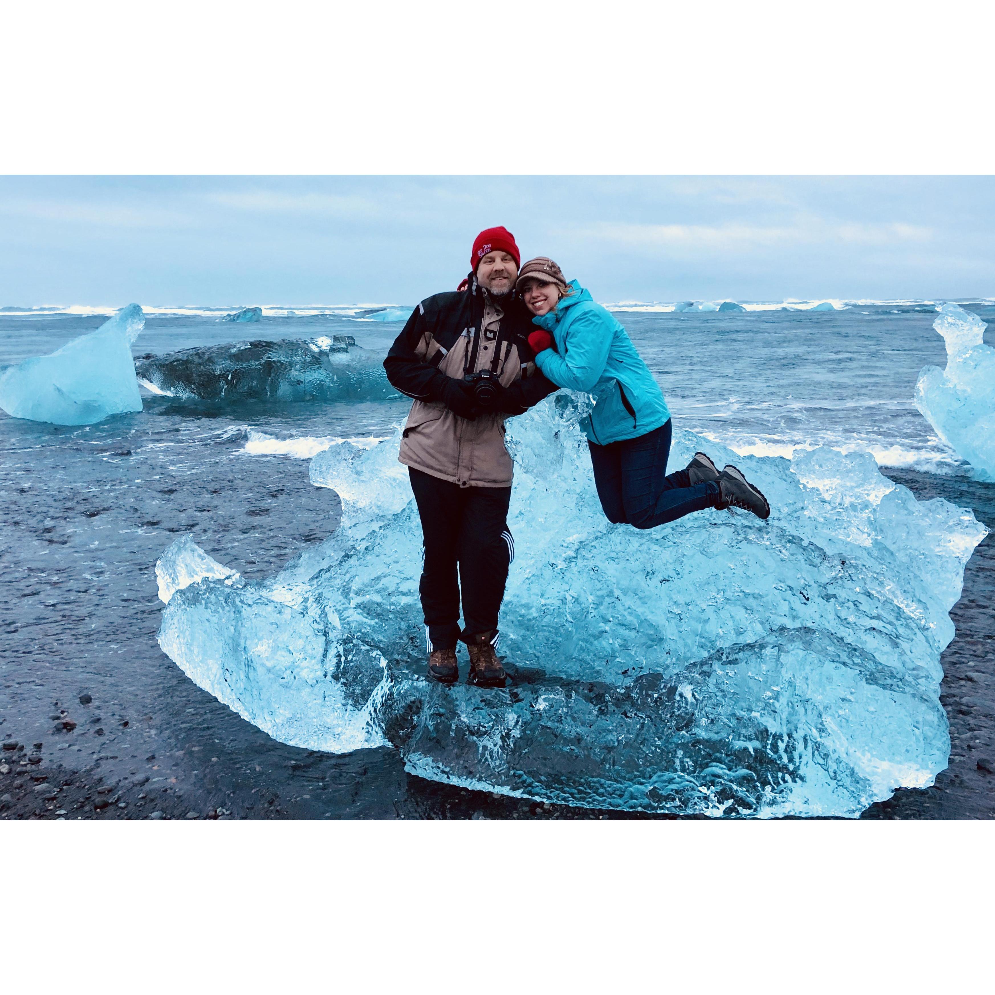 We posed on 1000+ year old glacial ice at Jokulsarlon, Iceland!