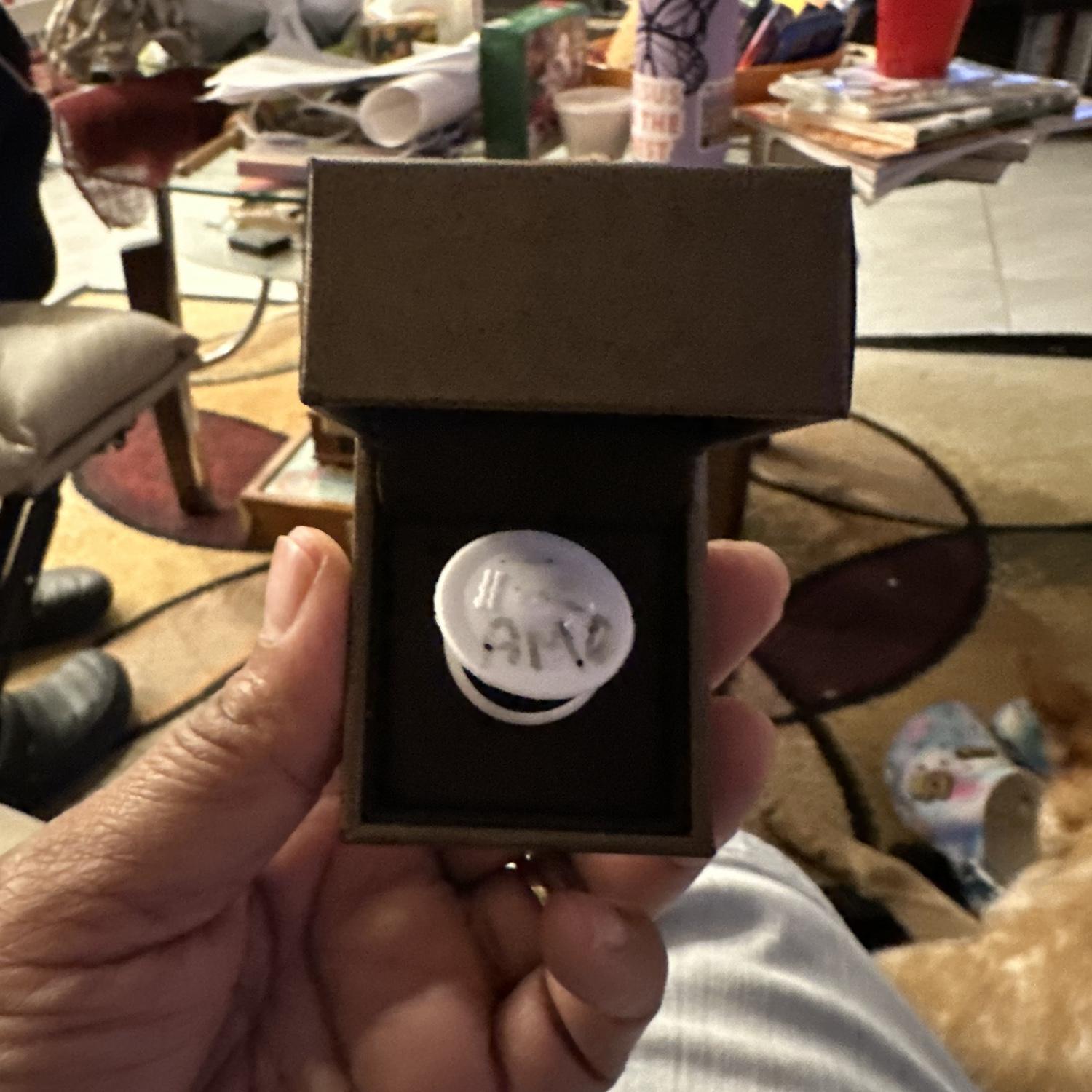 First engagement ring, introduced and reappeared on the day of engagement. Real ring presented.