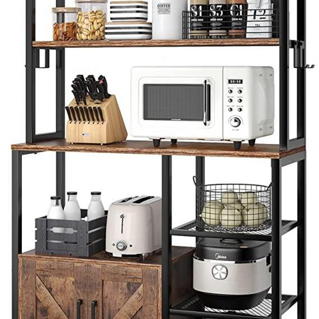 EnHomee 6-Tier Kitchen Bakers Rack with Hutch, Industrial Microwave Oven Stand with Shelves, Kitchen Utility Storage Shelf with Cabinet & 8 Hooks, Kitchen Storage Rack with Hutch, Rustic Brown